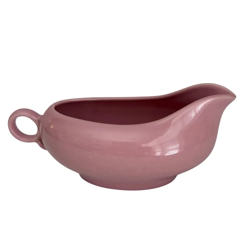 Vintage Pink‎ Ceramic Gravy Boat Mid Century Unmarked Pottery Sauce Server